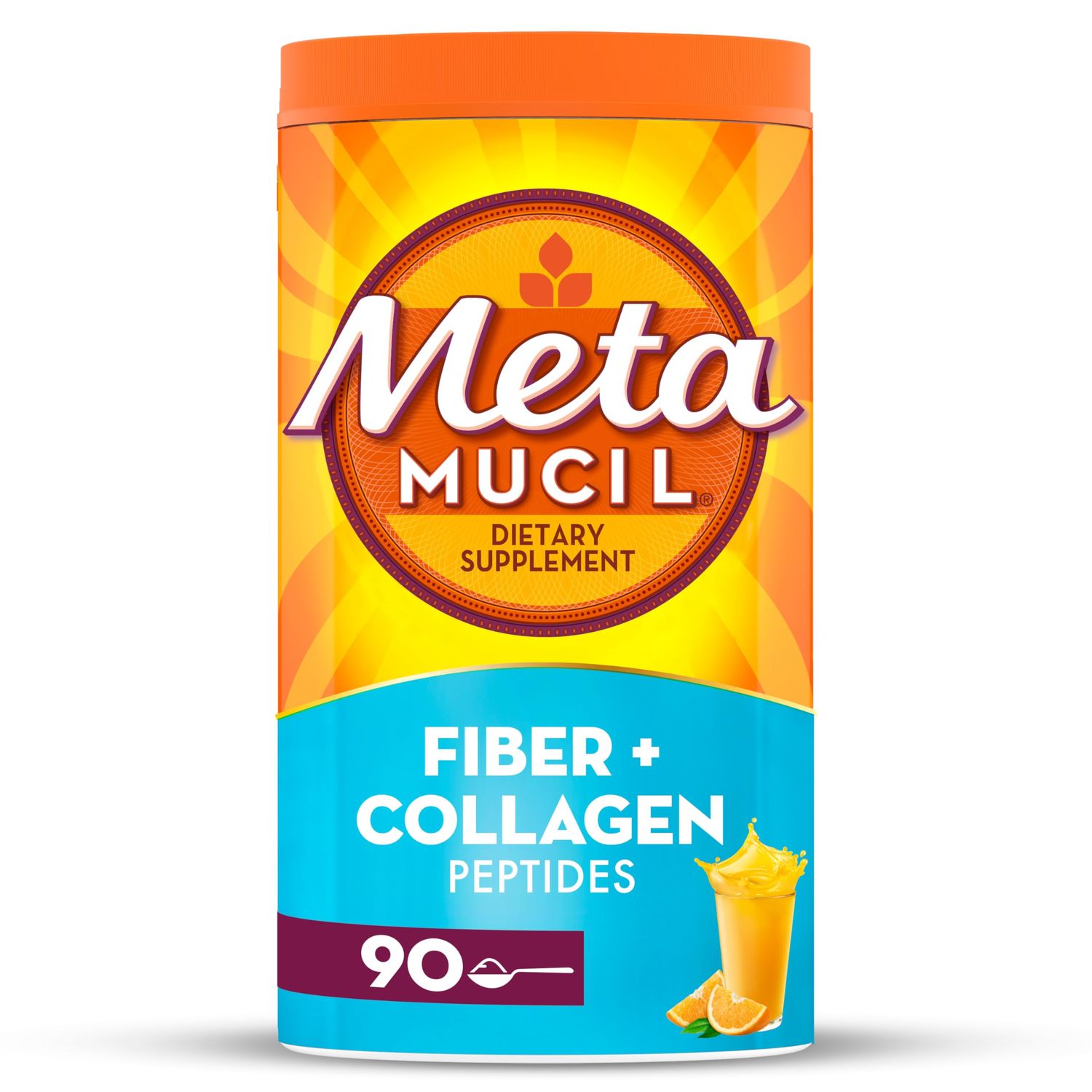 Metamucil Daily Fiber + Collagen, Psyllium Husk Powder, Plant Based, Sugar-Free with Stevia, 3-in-1 Fiber for Digestive Health, Orange Flavored, 90 Doses (29.8 OZ Fiber Powder)