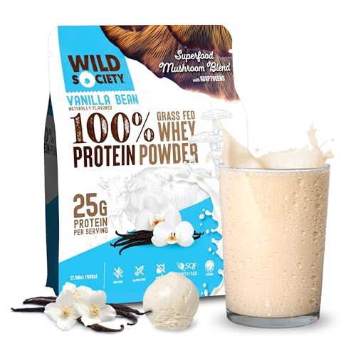WILD SOCIETY - Premium 100% Grass Fed Whey Protein Powder + Superfood Mushrooms &amp; Adaptogens - 25g Protein, Clean Protein Powder, 0 Added Sugar, Non GMO, Gluten Free - Vanilla Bean, 17.5 oz