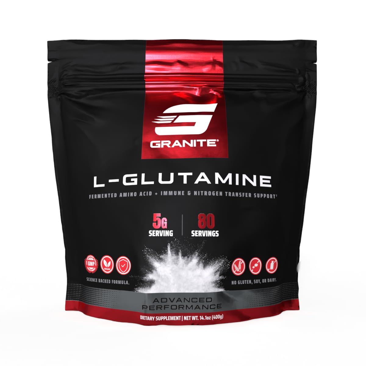 Granite L-Glutamine Powder | Fermented Amino Acid Supplement | 80 Servings | Supports Muscle Recovery, Gut Health, and Overall Wellness | Vegan Friendly | Third Party Tested