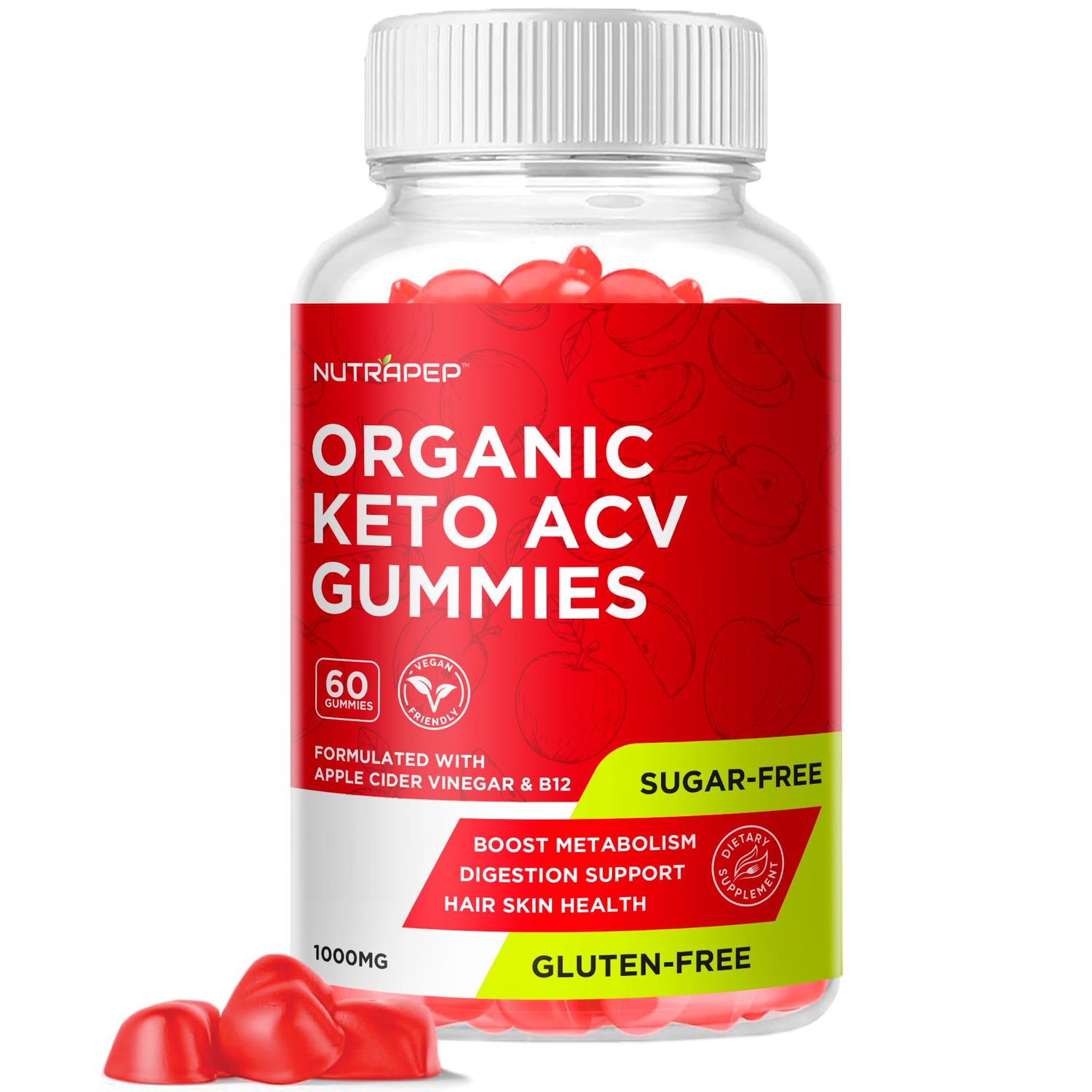 NutraPep Organic Keto ACV Gummies - Gluten-Free &amp; Sugar-Free Apple Cider Vinegar Supplement for Women Men (1000MG)