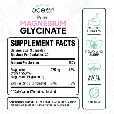 Organics Ocean Pure Magnesium Glycinate with Zinc - Maximum Strength Chelated Magnesium Supplement for Women and Men for Muscle Cramps and Sleep Support - 90 Capsules