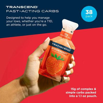 Transcend Foods Strawberry Gel (1.1 oz, Pack of 38) Fast-Acting Carb Gel Strawberry Flavor - Caffeine Free, Gluten Free