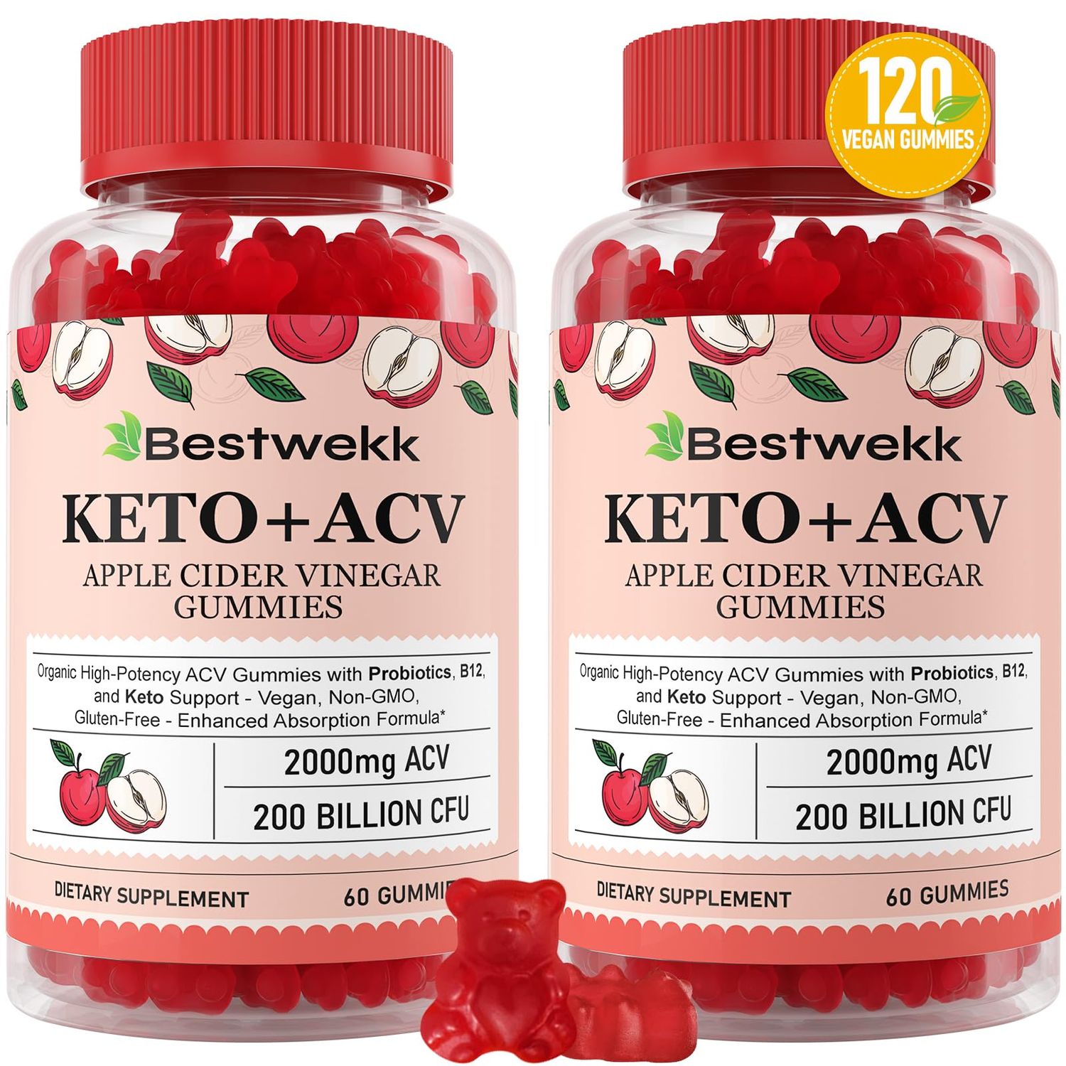 Apple Cider Vinegar Gummies, Max Strength 2000mg ACV Gummies with Probiotics, B12 and Keto Support, For Digestion, Metabolism, Detox, Gut &amp; Immune Health, Gelatin-Free, Vegan &amp; Non-GMO, 120 Gummies