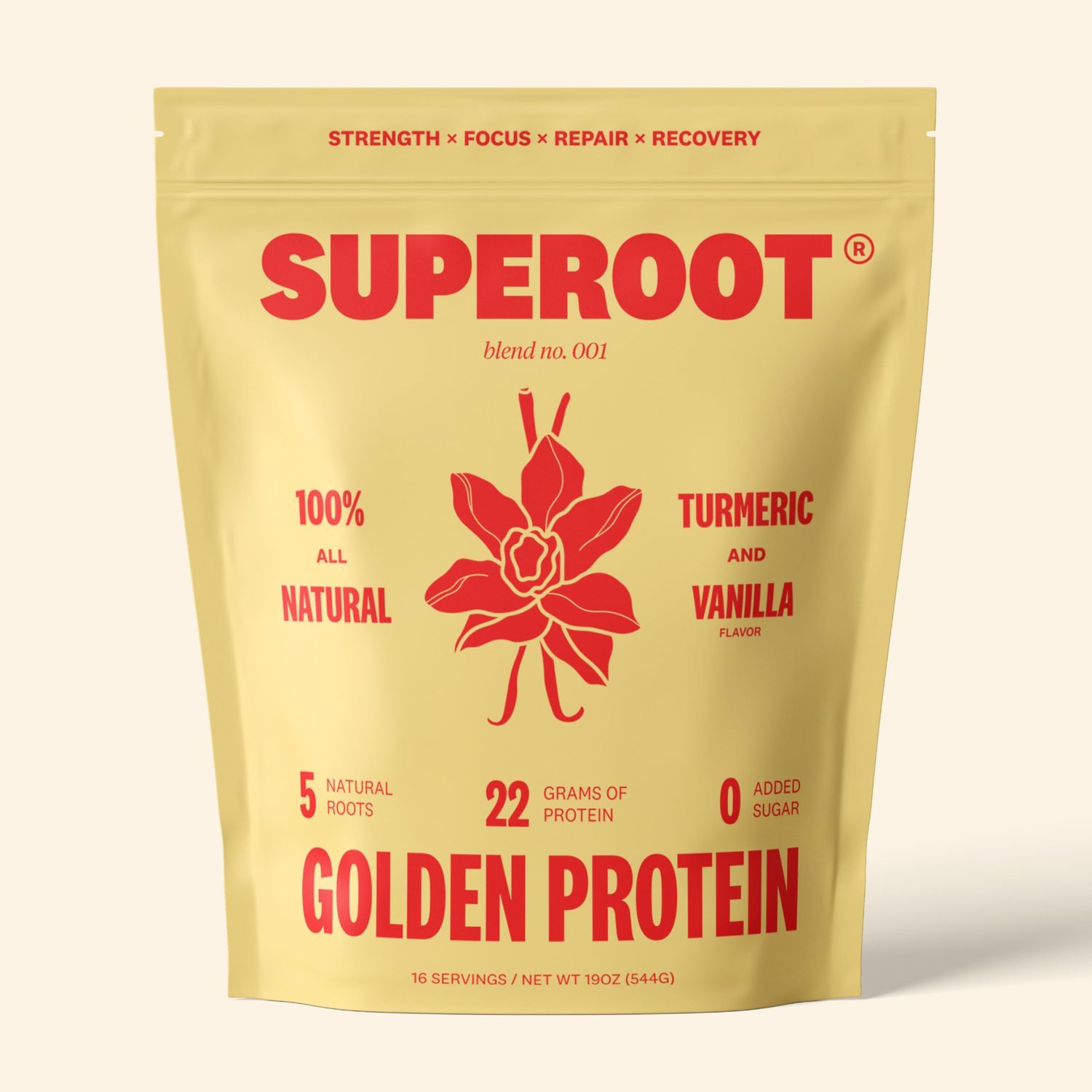 SUPEROOT Golden Protein Natural Plant Based Protein Shake for Men and Women | 22G Per Serving | Non-Dairy Superfood Powder Root Blend | Tastes Like Golden Milk | No Added Sugar | 16 Servings