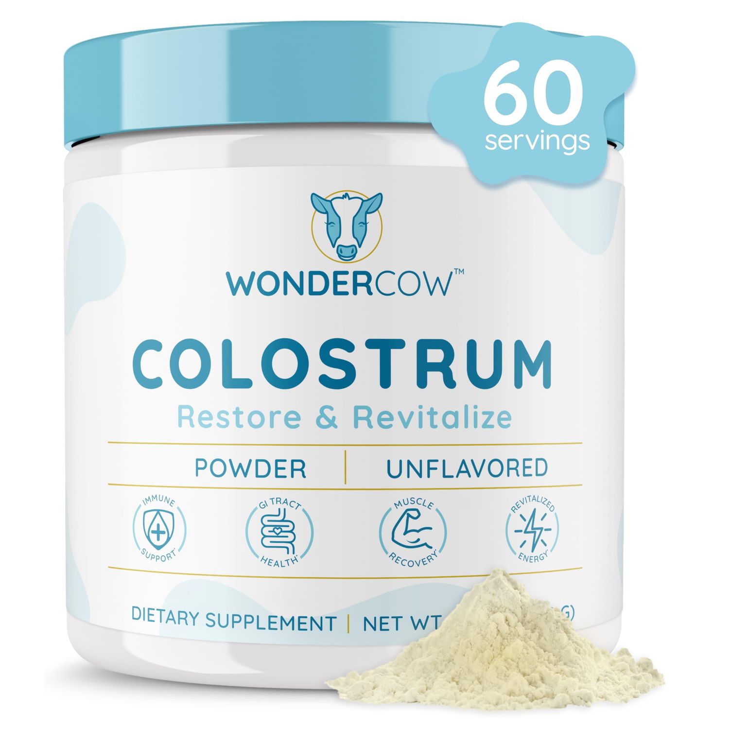 WONDERCOW Colostrum Supplement Powder for Gut Health, Immune Support, Muscle Recovery &amp; Wellness | Natural IgG Pure Whole Bovine Colostrum Superfood, Unflavored, 60 Servings