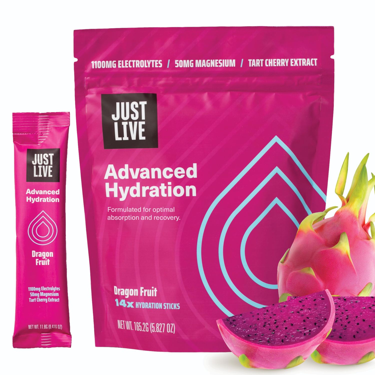 Just Live Advanced Hydration - Dragon Fruit, Electrolyte Drink Mix, Tart Cherry Extract, Supports Recovery &amp; Absorption, Low Sugar, 14 Pack