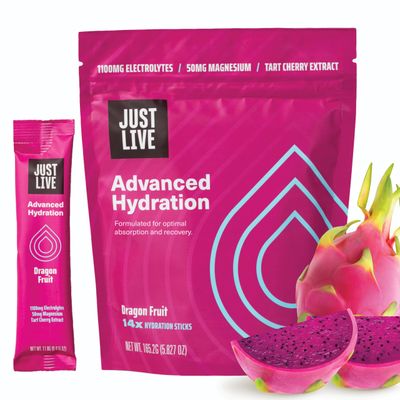 Just Live Advanced Hydration - Dragon Fruit, Electrolyte Drink Mix, Tart Cherry Extract, Supports Recovery &amp; Absorption, Low Sugar, 14 Pack