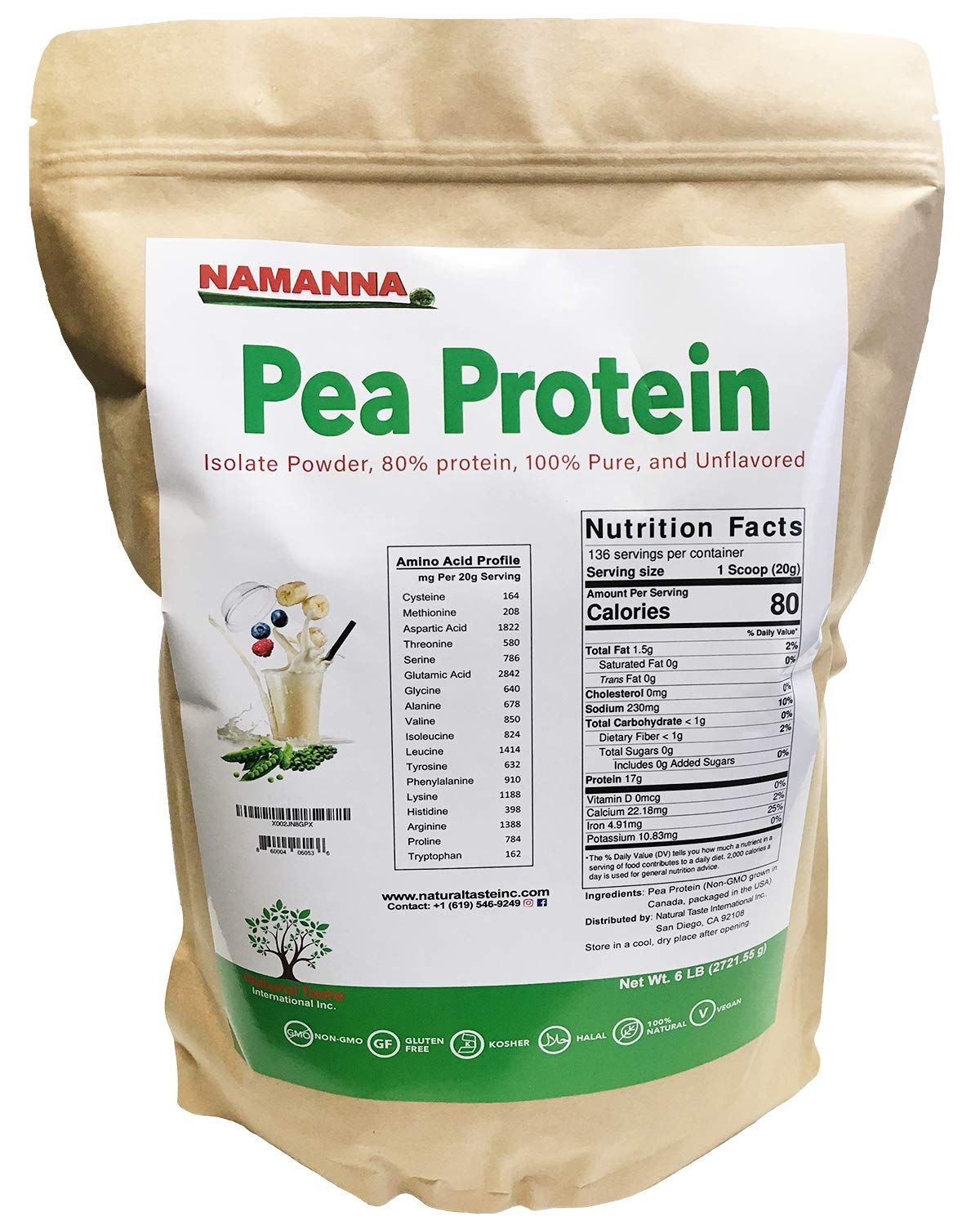 NAMANNA Pea Protein Powder (80% Protein) - 6 lb, Non-GMO, Vegan, Kosher, Halal, Gluten Free, Dairy Free, Soy Free, Hypoallergenic, 100% Pure, Unflavored, Plant Based Protein, Keto Friendly