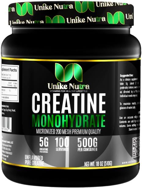 Unike Nutra Creatine Monohydrate Powder |Pure Micronized Creatine for Enhanced Muscle Mass Athletic Performance and Muscle Recovery | Halal Kosher Vego Keto Friendly Creatine - Unflavored