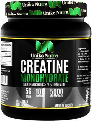 Unike Nutra Creatine Monohydrate Powder |Pure Micronized Creatine for Enhanced Muscle Mass Athletic Performance and Muscle Recovery | Halal Kosher Vego Keto Friendly Creatine - Unflavored
