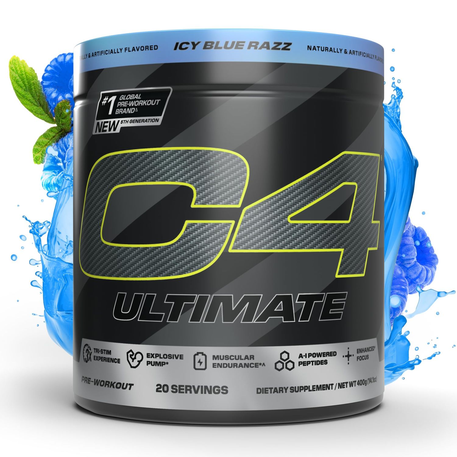 Cellucor C4 Ultimate Pre Workout Powder - Sugar Free Preworkout Energy Supplement for Men &amp; Women - 300mg Caffeine + TeaCrine + Dynamine + Creatine - ICY Blue Razz, 20 Servings