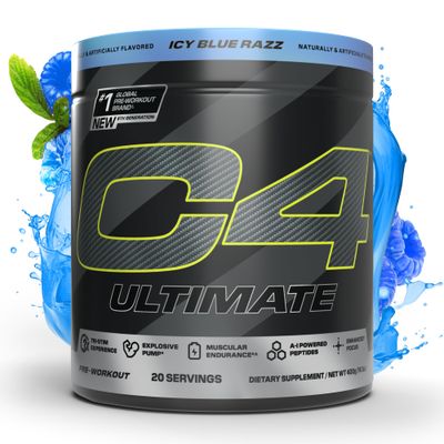 Cellucor C4 Ultimate Pre Workout Powder - Sugar Free Preworkout Energy Supplement for Men &amp; Women - 300mg Caffeine + TeaCrine + Dynamine + Creatine - ICY Blue Razz, 20 Servings