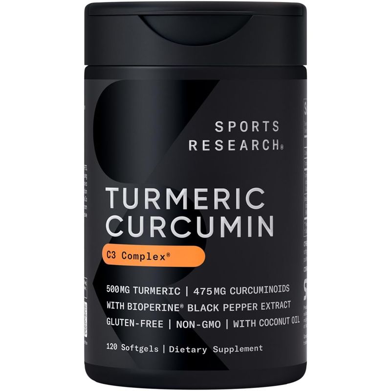 Sports Research Turmeric Curcumin C3 Complex - Softgels with Bioperine Black Pepper Extract &amp; Organic Coconut Oil, Standardized 95% Curcuminoids - Non-GMO Verified &amp; Gluten Free - 500mg, 120 Count