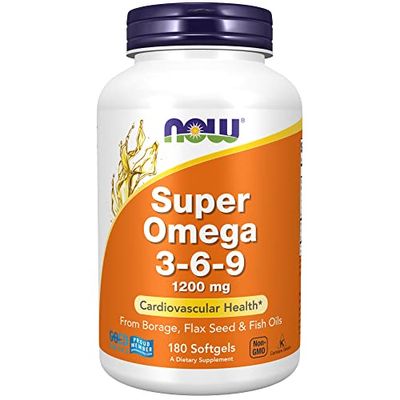 NOW Foods Supplements, Super Omega 3-6-9 1200 mg with a blend of Fish, Borage and Flax Seed Oils, 180 Softgels