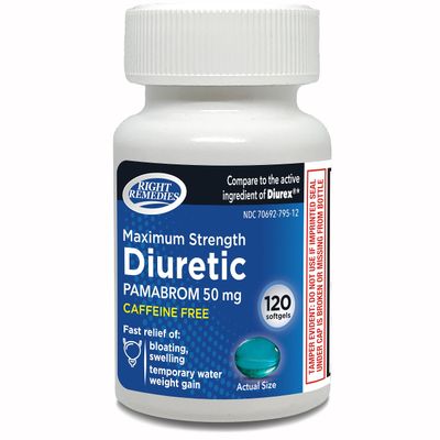 RIGHT REMEDIES Maximum Strength Caffeine-Free Diuretic Softgels, (120 Softgels), Pambrom 50mg, Helps Relieve Heaviness Due to Water Weight gain