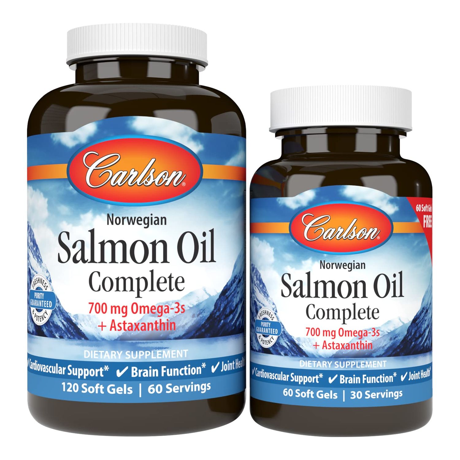 Carlson - Salmon Oil Complete, 700 mg Omega-3s + Astaxanthin, Norwegian, Heart, Brain &amp; Joint Health, 120+60 Softgels