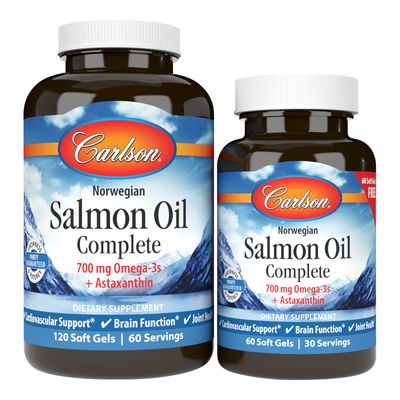 Carlson - Salmon Oil Complete, 700 mg Omega-3s + Astaxanthin, Norwegian, Heart, Brain &amp; Joint Health, 120+60 Softgels
