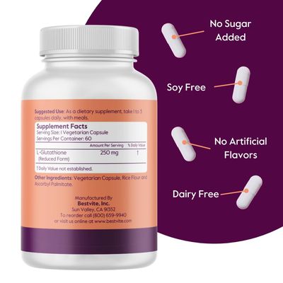 BESTVITE L-Glutathione 250mg (60 Vegetarian Capsules) - No Stearates - Vegan - Non GMO - Gluten Free