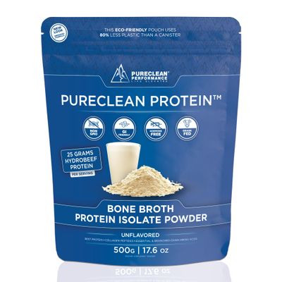 PureClean Protein 25G Organic Grass Fed Beef Bone Broth Protein from Swedish Cattle - Paleo, Keto-Friendly, Gluten-Free, Sugar-Free, Dairy-Free - Enhanced with Collagen Peptides - 500 Grams/Unflavored