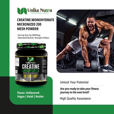Unike Nutra Creatine Monohydrate Powder |Pure Micronized Creatine for Enhanced Muscle Mass Athletic Performance and Muscle Recovery | Halal Kosher Vego Keto Friendly Creatine - Unflavored