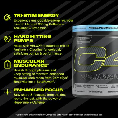 Cellucor C4 Ultimate Pre Workout Powder - Sugar Free Preworkout Energy Supplement for Men &amp; Women - 300mg Caffeine + TeaCrine + Dynamine + Creatine - ICY Blue Razz, 20 Servings