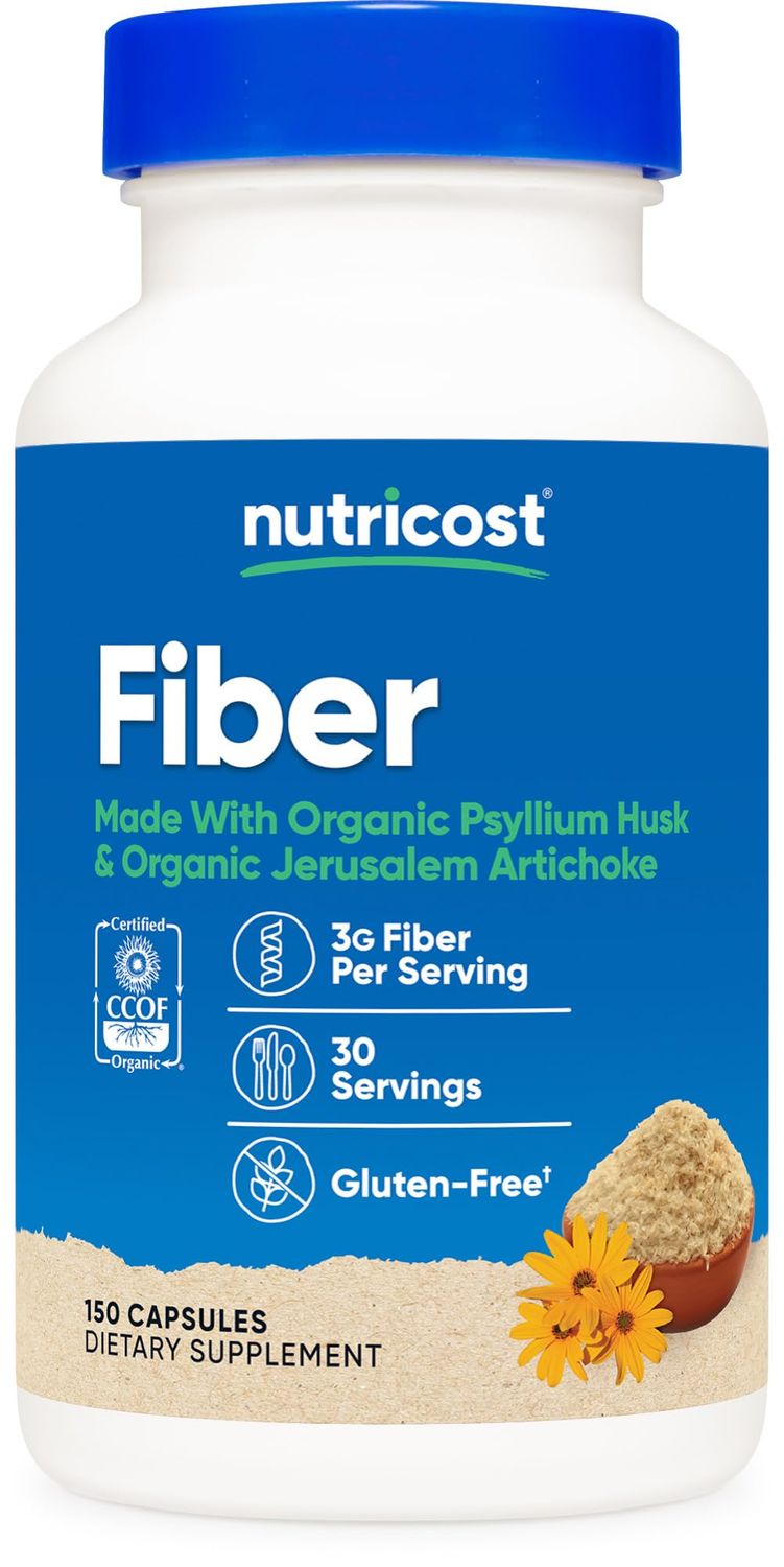 Nutricost Fiber Capsules with Prebiotic Fiber Supplement 150 Capsules - CCOF Certified Supplement, Made with Organic Psyllium Husk &amp; Organic Jerusalem Artichoke, Gluten Free, 3 G Per Serving
