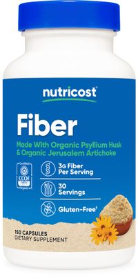 Nutricost Fiber Capsules with Prebiotic Fiber Supplement 150 Capsules - CCOF Certified Supplement, Made with Organic Psyllium Husk &amp; Organic Jerusalem Artichoke, Gluten Free, 3 G Per Serving