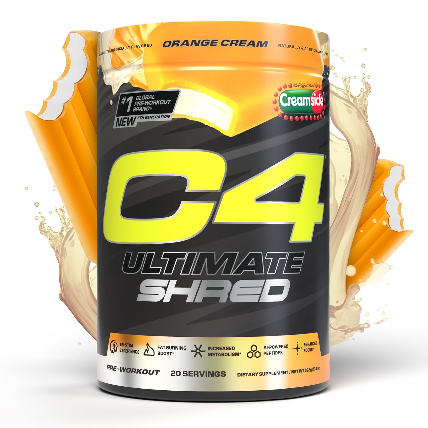 Cellucor C4 Ultimate Shred Pre Workout Powder, Metabolism Supplement with Cayenne Extract+300mg Caffeine+TeaCrine+Dynamine - Orange Creamsicle, 20 Servings