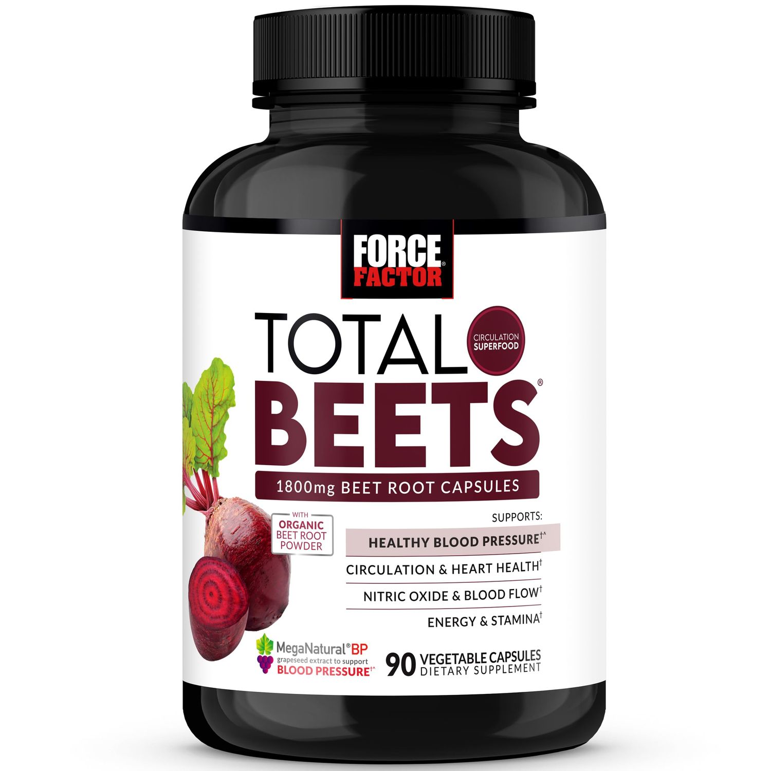FORCE FACTOR Total Beets Blood Pressure Support Beet Root Capsules, 1800mg Organic Beet Root Powder Beet Supplement to Support Circulation and Blood Flow, 90 Vegetable Capsules