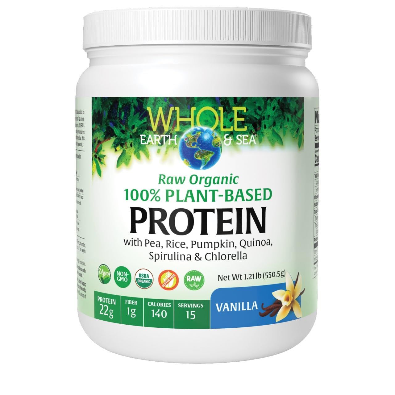 Natural Factors Whole Earth &amp; Sea Raw Organic 100% Plant-Based Protein, 550g, Vanilla