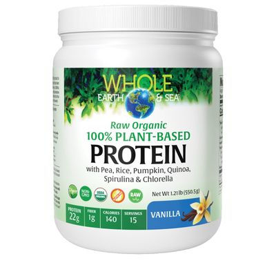 Natural Factors Whole Earth &amp; Sea Raw Organic 100% Plant-Based Protein, 550g, Vanilla