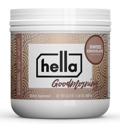 Hella Goodmorning Protein &amp; Collagen Powder Supplement, Vitamins Minerals Electrolytes for Focus, Clarity and Energy - 80 Mg Organic Caffeine- Morning Wake Up Blend Swiss Chocolate Flavor 20 Servings