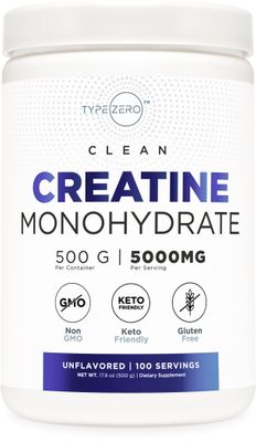 Type Zero Creatine Monohydrate (Unflavored | 500g), 5000 mg Per Serving, Micronized, Zero Sugar, Keto Friendly &amp; Gluten Free, 100 Servings