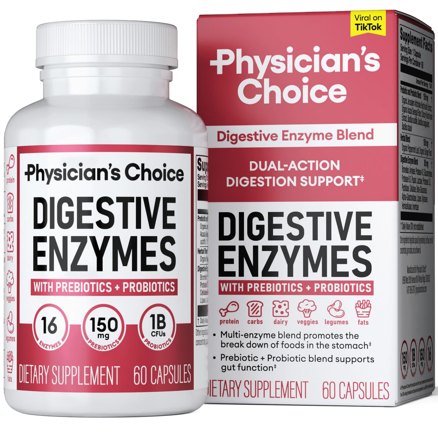 Physician&#39;s CHOICE Digestive Enzymes - Multi Enzymes, Organic Prebiotics &amp; Probiotics for Digestive Health &amp; Gut Health - Meal Time Discomfort Relief &amp; Bloating - Dual Action Approach - 60 CT