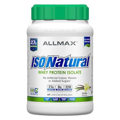 ALLMAX ISONATURAL Whey Protein Isolate, Vanilla - 2 lb - 27 Grams of Protein Per Scoop - Zero Fat &amp; Sugar - 99% Lactose Free - With Prebiotics - No Artificial Flavors - Approx. 29 Servings