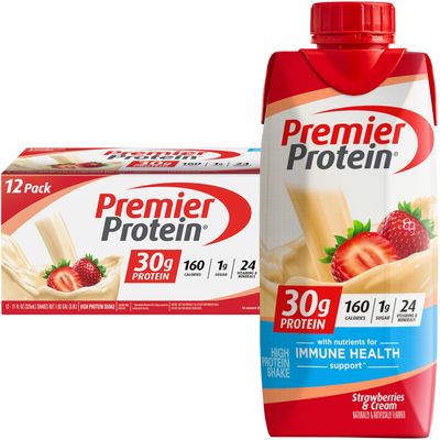 Premier Protein Protein Shake, Strawberries &amp; Cream, 30g Protein, 1g Sugar, 11 fl oz Pack of 12