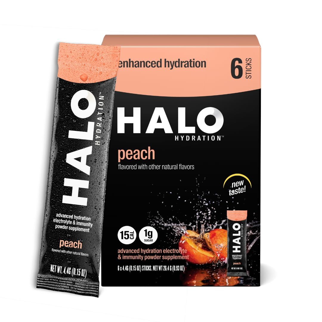 Halo Hydration Electrolyte Powder Packets - Peach - 6 Servings (5g Each) - Organic Hydration Drink with Low Sugar + Essential Vitamins + Minerals - Vegan