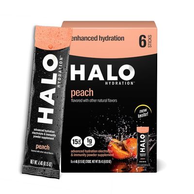 Halo Hydration Electrolyte Powder Packets - Peach - 6 Servings (5g Each) - Organic Hydration Drink with Low Sugar + Essential Vitamins + Minerals - Vegan