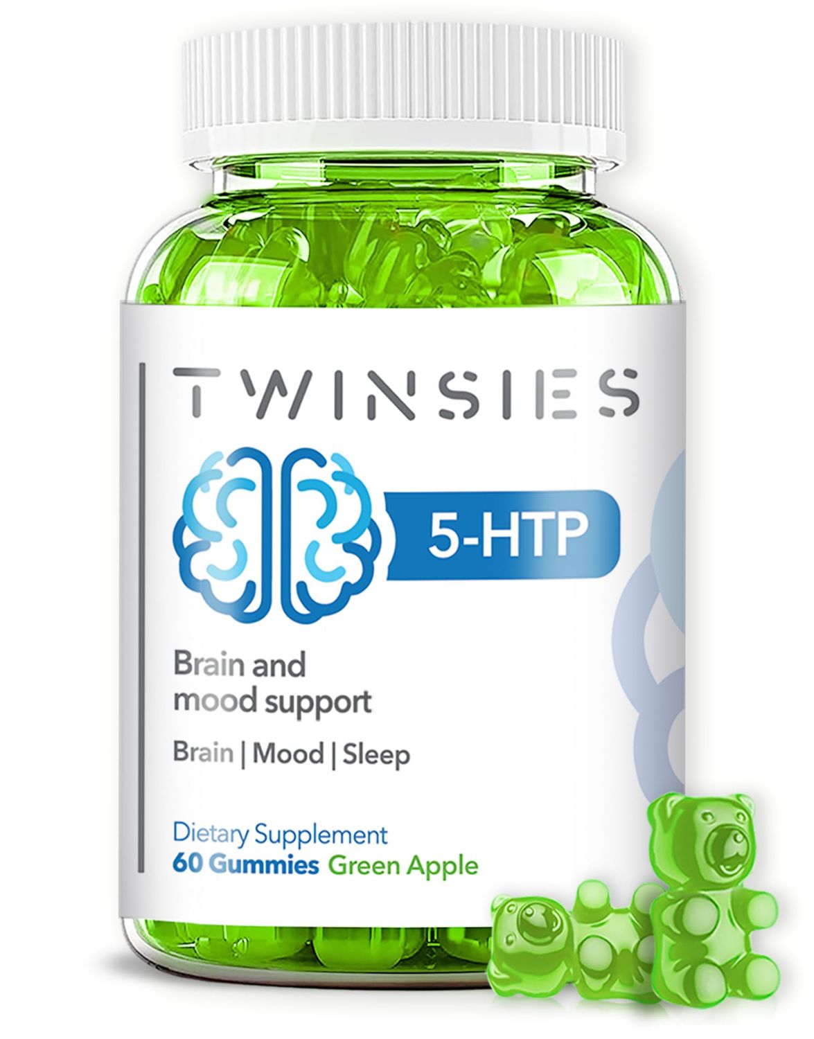 Twinsies 5-HTP Gummies 200mg with L-Tryptophan Supplement for Brain, Mood Stabilizer and Sleep Support, 60 Green Apple Gummies (Green Apple)