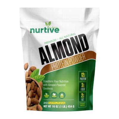 NURTIVE Almond Protein Powder - Rich in Antioxidants &amp; Plant-Based - Nutritional Boost for Smoothies &amp; Baking - Gluten Free, Non-GMO &amp; Free from Artificial Additives - 20 Servings (16 oz / 454 g)