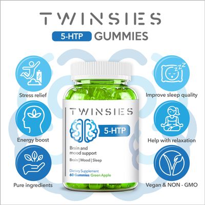 Twinsies 5-HTP Gummies 200mg with L-Tryptophan Supplement for Brain, Mood Stabilizer and Sleep Support, 60 Green Apple Gummies (Green Apple)