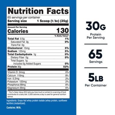 Nutricost Grass-Fed Whey Protein Isolate (Unflavored) 5LBS - rBGH Free, Non-GMO &amp; Gluten Free