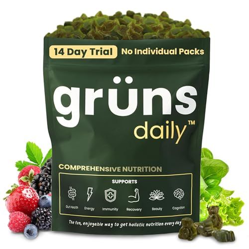 Gruns Daily Gummies, Super Greens Gummies - Organic Spirulina and Chlorella, Prebiotics for Digestive &amp; Gut Health - Greens Superfood, Multi-Vitamins &amp; Minerals - 112 Gummy Bear