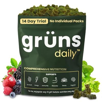 Gruns Daily Gummies, Super Greens Gummies - Organic Spirulina and Chlorella, Prebiotics for Digestive &amp; Gut Health - Greens Superfood, Multi-Vitamins &amp; Minerals - 112 Gummy Bear