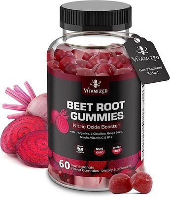 VITAMIZED Beet Root Gummies - Super Nitric Oxide Beets Supplement - Red Beetroot Heart Chews with Grape Seed Power &amp; B12- Pomegranate Flavor, 60 Chewables Beets