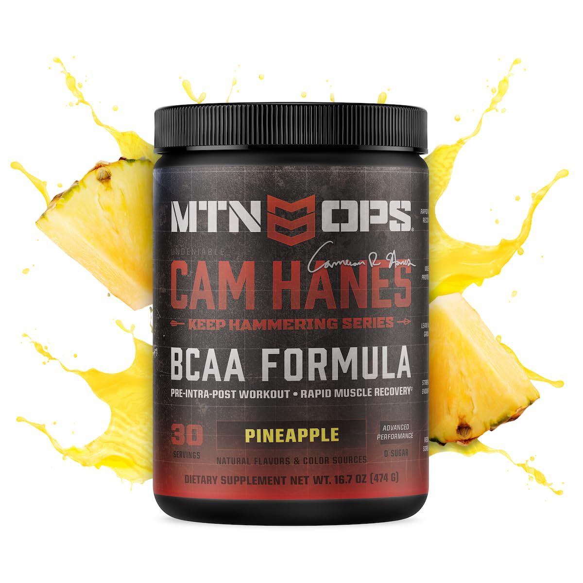 MTN OPS Cameron Hanes Keep Hammering BCAA 2:1:1 Amino Acids Supplement Powder for Rapid Muscle Recovery &amp; Repair with Zero Sugar &amp; Gluten Free - 30 Servings (Pineapple)