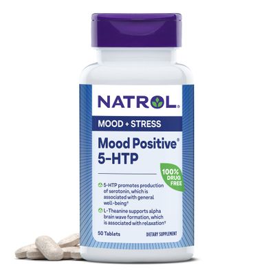 Natrol Mood Positive 5-HTP 50mg With L-Theanine, Vitamin B6, Vitamin B12 and Folate, Dietary Supplement Helps Support a Positive Mood, 50 Tablets, 25-50 Day Supply