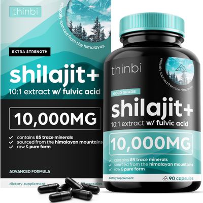 Thinbi Pure Himalayan Shilajit 10000mg Maximum Potency Organic Capsules 90 Count with Fulvic Acid &amp; Trace Minerals for Enhanced Energy and Immune Support Men &amp; Women Better Than Shilajit Resin