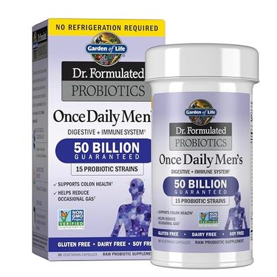Garden of Life Probiotics for Men Dr Formulated 50 Billion CFU 15 Probiotics for Digestive Health + Organic Prebiotic Fiber for Colon &amp; Immune Support, Daily Gas Relief, Shelf Stable, 30 Capsules