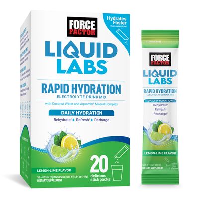 FORCE FACTOR Liquid Labs Electrolytes Powder Packets-Lemon Lime-Hydration Packets to Make Electrolyte Water with 5 Essential Electrolytes, Vitamins, Minerals, and Antioxidants, 20 Stick Packs